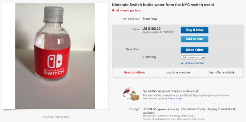 Un gamer vende en eBay botellas de agua de Nintendo Switch GAmersRD