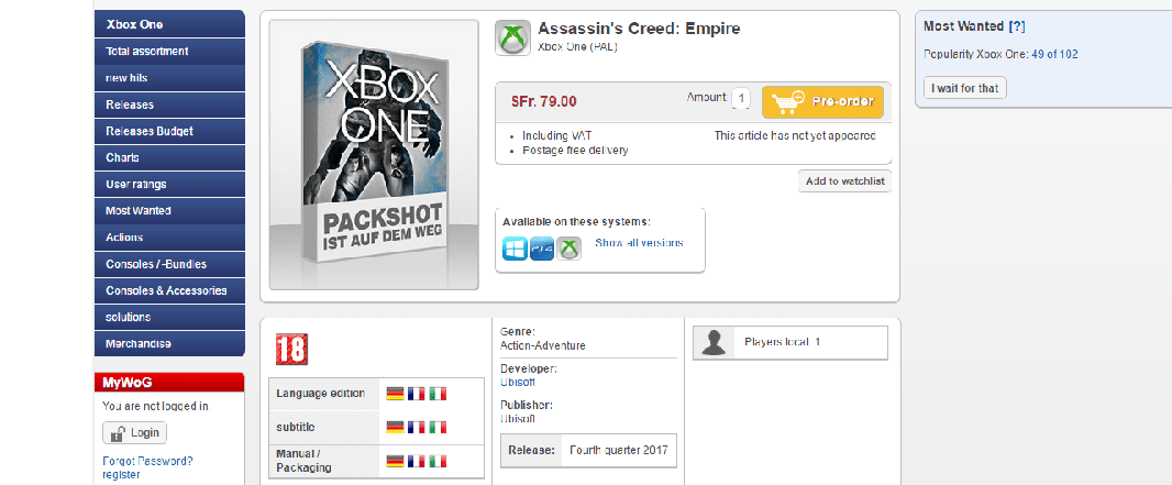 Assassin's Creed Empire según tienda minorista