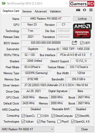 AMD Radeon RX 6600 XT GPU Z, GamersRD
