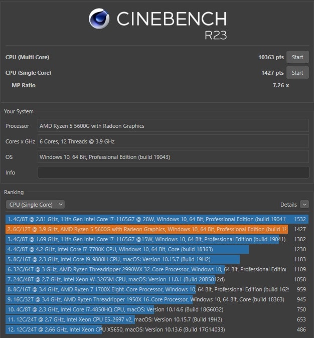 AMD Ryzen 5 5600G Review, Cinebench R23, 1 GamersRD