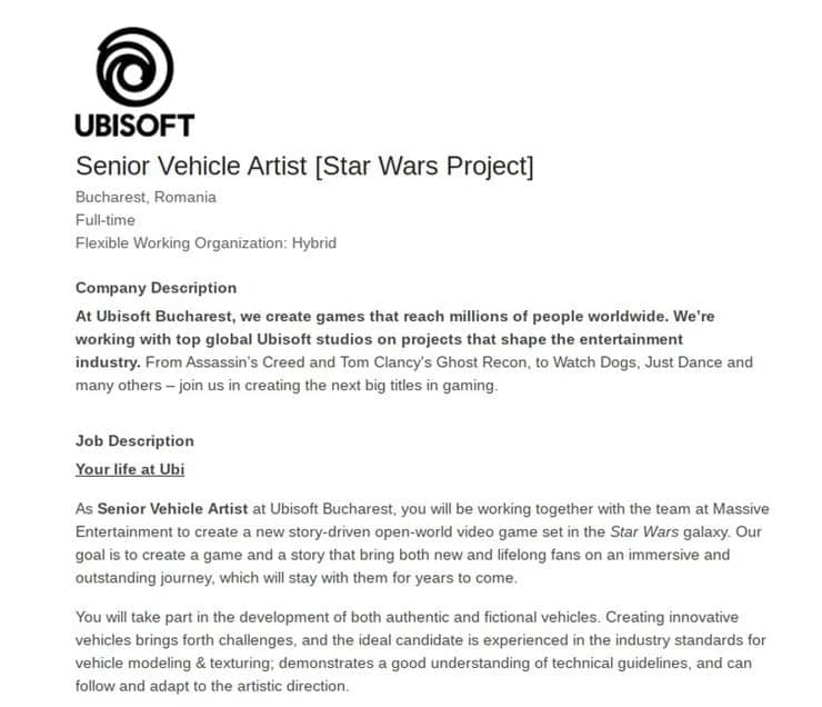 El juego de Star Wars de mundo abierto de Ubisoft contará con vehículos auténticos y ficticios, GamersRD