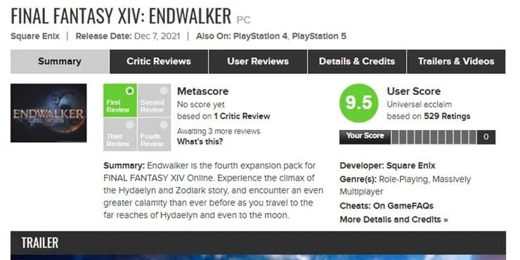 Final Fantasy 14 Endwalker es actualmente el juego mejor calificado por usuarios en Metacritic, GamersRD