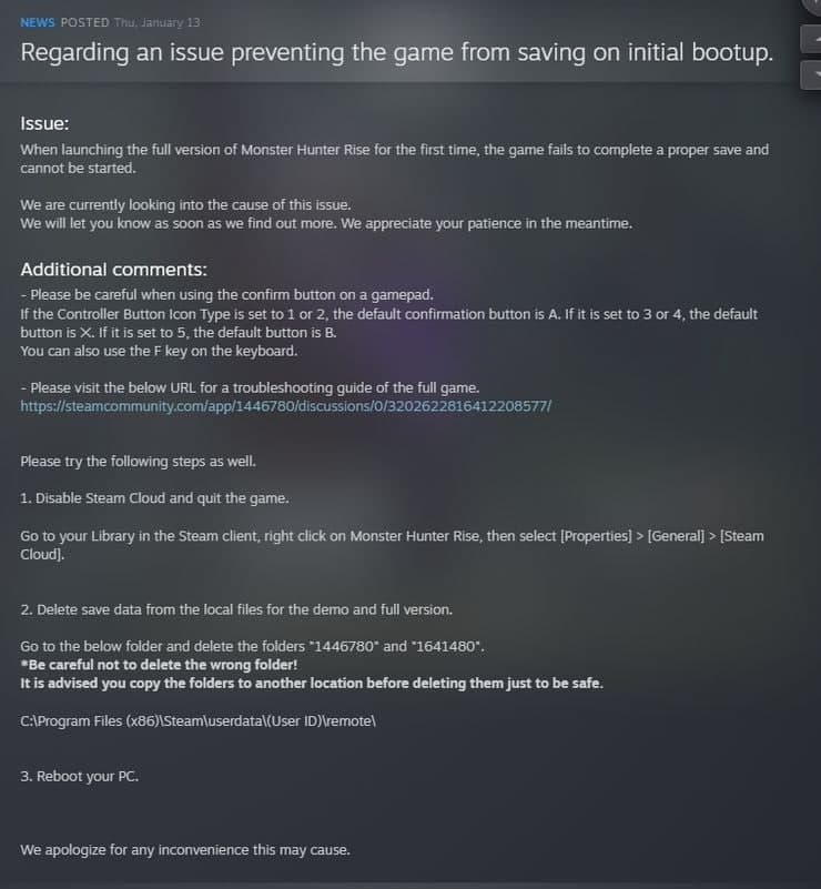 Los jugadores de PC de Monster Hunter Rise se encuentran con el mensaje 'Error al guardar', GamersRD