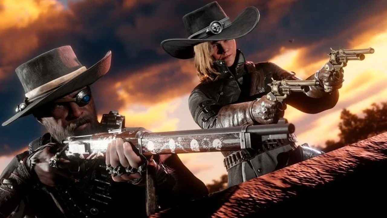 red-dead-online-two-bounty-hunters-aiming-guns-GamersRD (1)