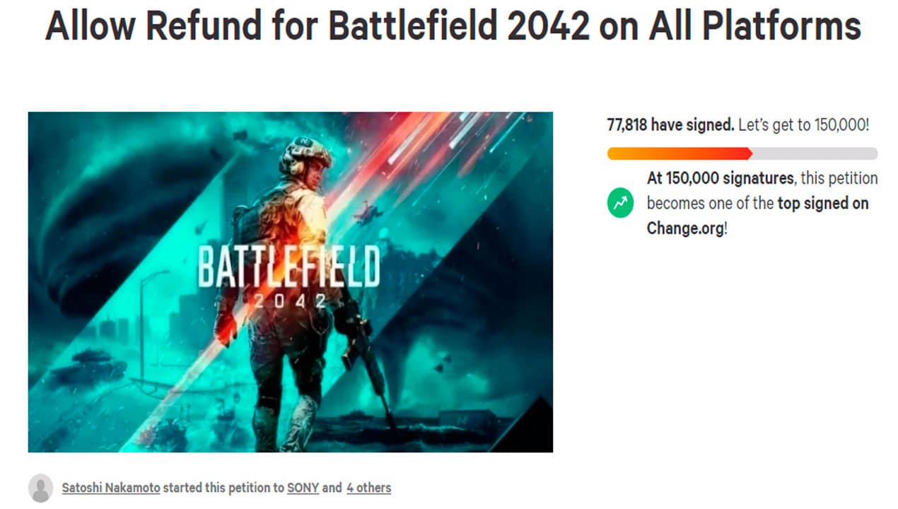 Petición de reembolsos de Battlefield 2042 cumplió primera meta de 75.000 firmas
