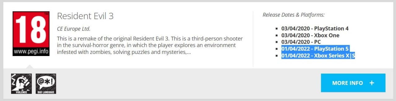 Resident Evil 3 ha sido clasificado para PS5 y Xbox Series X/S por la PEGI, GamersRD