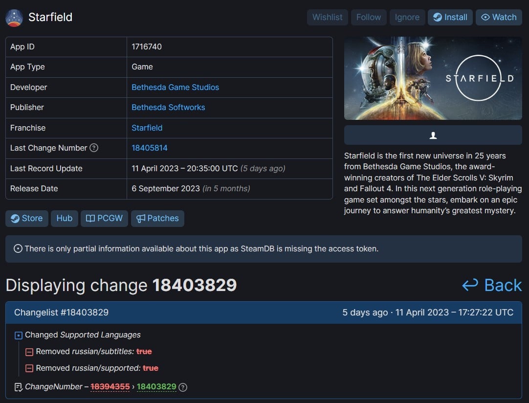 Starfield aparentemente ha eliminado el soporte en ruso de Steam