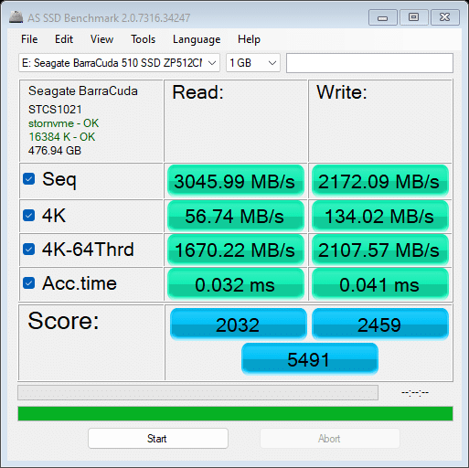 Seagate BarraCuda 510 AS SSD Benchmark (1 GB) 4-18-2022 PM