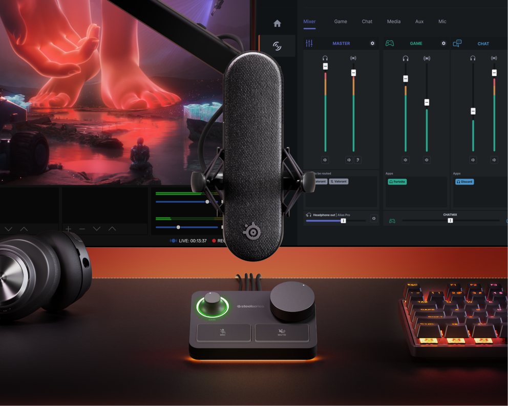  Front view of the Alia Pro XLR gaming microphone. Behind the microphone is a view of the Sonar for Streamers software user interface. The Alias Pro gaming microphone sits on a black desk, with an Apex gaming keyboard to the right and an Arctis Nova gaming headset to the left. 