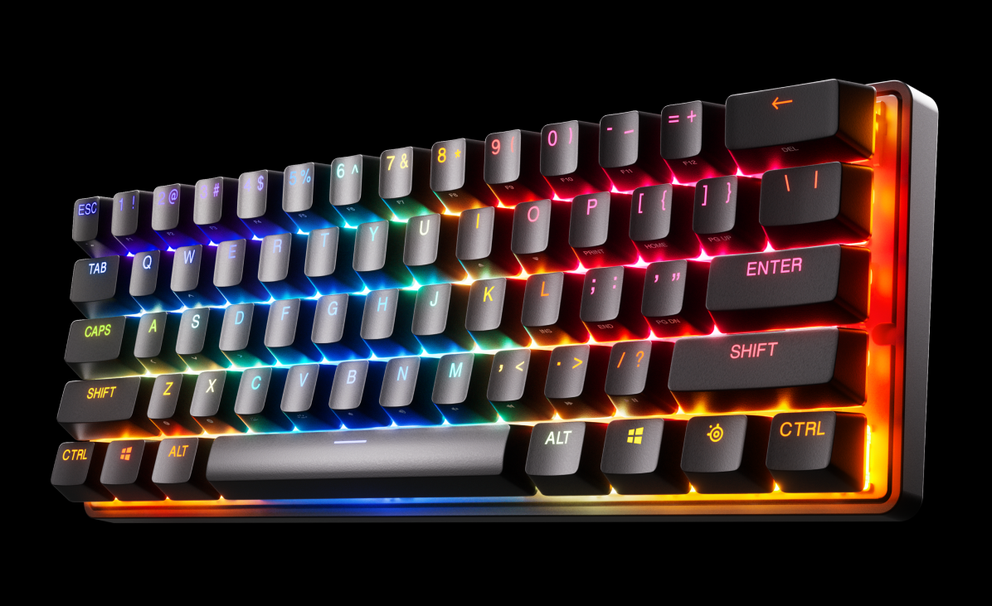  Apex Pro Mini wireless keyboard displaying RGB lighting. 