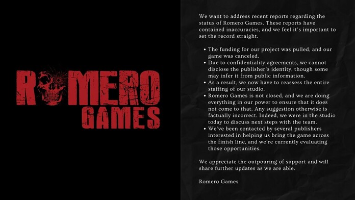 Romero Games desmiente cierre y busca nuevos editores