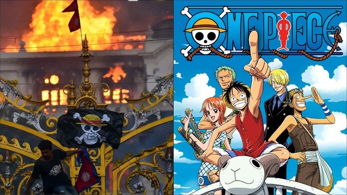 Manifestantes en Nepal izan bandera de One Piece en parlamento Manifestantes en Nepal izan bandera de One Piece en parlamento