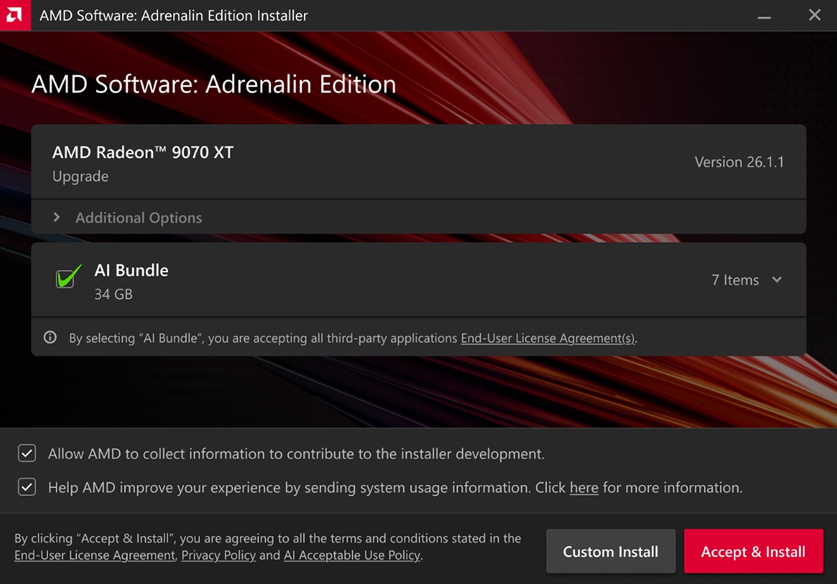 AMD Software: Adrenalin Edition installer showing Radeon 9070 XT upgrade, AI Bundle selected, version 26.1.1, Accept & Install options.