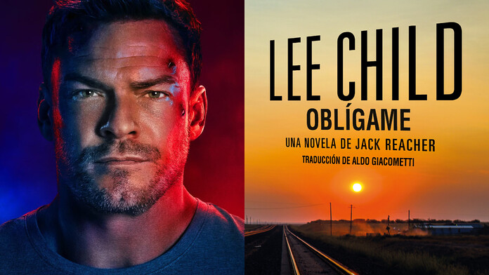 Alan Ritchson caracterizado como Jack Reacher junto a la portada de la novela Make Me de Lee Child
