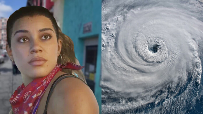 Tormenta tropical sobre la costa de Leonida en una captura de GTA 6