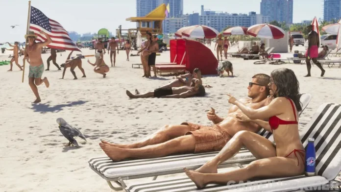 Multitud de NPC en una playa de Vice City en GTA 6, con variaciones anatómicas y bronceado dinámico