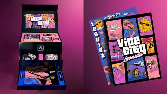 Caja de la Collector Box de GTA 6 junto a los accesorios Oakley y New Era que incluye, sin copia del videojuego