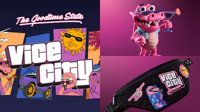 Vice City Collection de GTA 6 con la figura de Macca the Gator Caja de la Vice City Collection de GTA 6 junto a la figura de Macca the Gator y los accesorios del set
