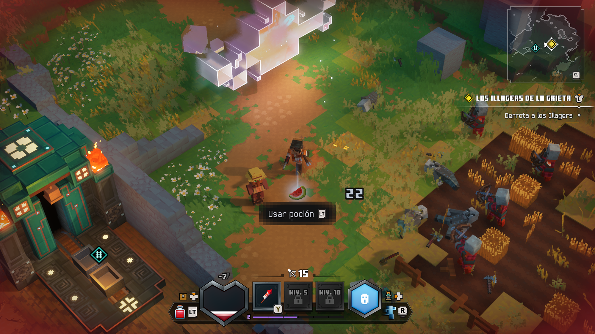 Cuatro jugadores combatiendo juntos en Minecraft Dungeons II