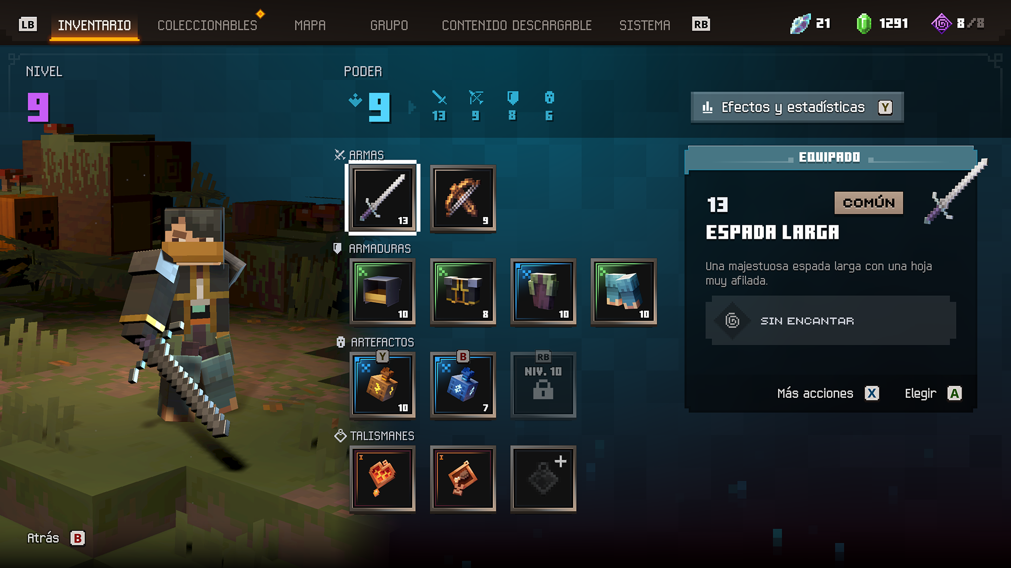 Menú de equipamiento y objetos de un héroe en Minecraft Dungeons II