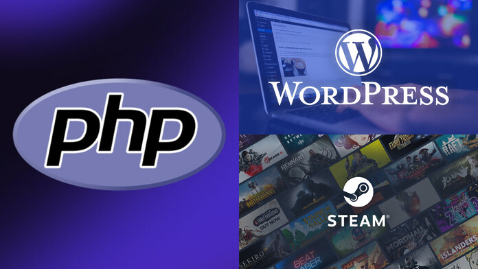 Logotipo de PHP junto a una advertencia de seguridad y los logotipos de WordPress y Steam