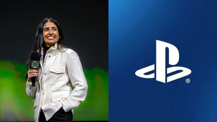 Asha Sharma, CEO de Xbox, junto a los logotipos de Xbox y PlayStation en el contexto de su estrategia de colaboración