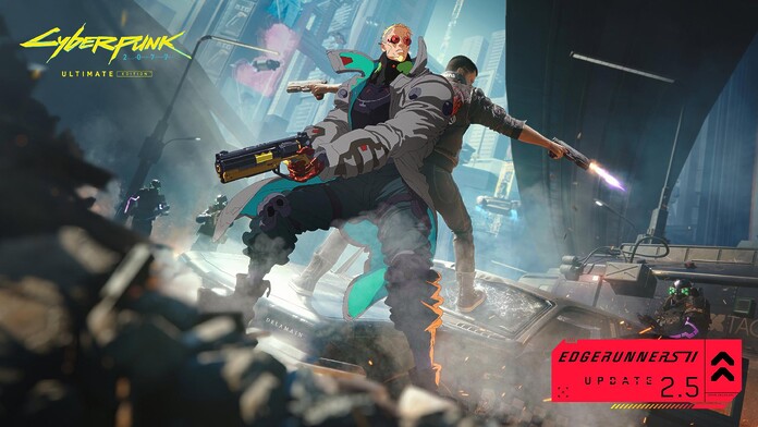 V junto a Weak Kingsley en la ilustración promocional de la actualización 2.5 de Cyberpunk 2077