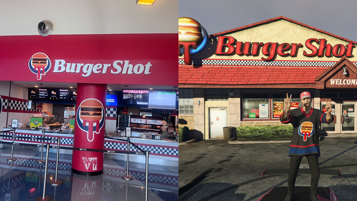 Fachada temática de Burger Shot instalada por Rockstar Games en el Kaseya Center de Miami.