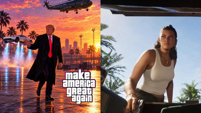 Cartel de Donald Trump con estética de las portadas de GTA junto al Tesla Roadster volador al fondo