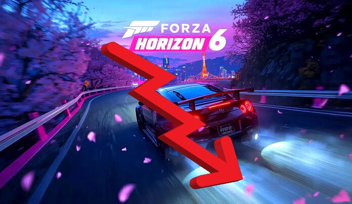 Auto deportivo en una carretera de Japón en Forza Horizon 6 junto al gráfico de caída de jugadores en Steam