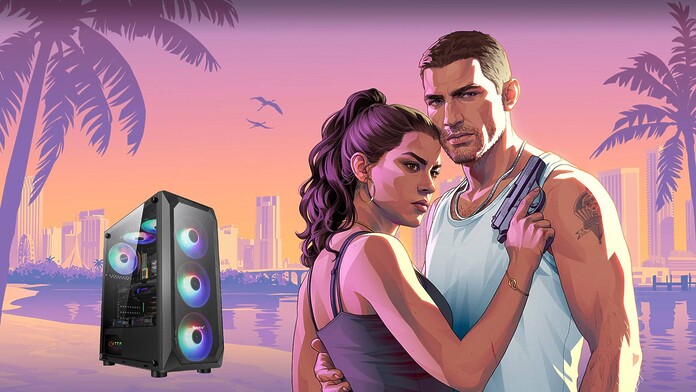 GTA VI junto a una representación de una PC gamer, en el reporte sobre su llegada a ordenadores