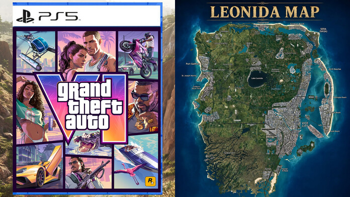 Mapa impreso de Leonida junto a la caja física de GTA 6 sin disco, en el reporte sobre su incentivo de reserva