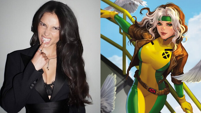 Inde Navarrette junto al personaje de Rogue de los cómics de Marvel, en el anuncio de su incorporación al MCU