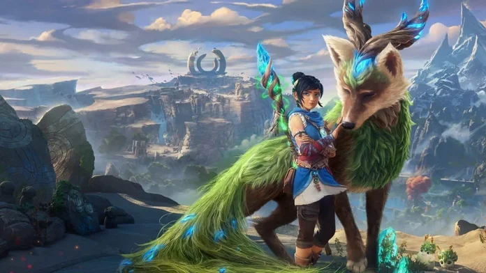 Kena junto a un lobo gigante en una escena de Kena: Scars of Kosmora, secuela retrasada a 2027