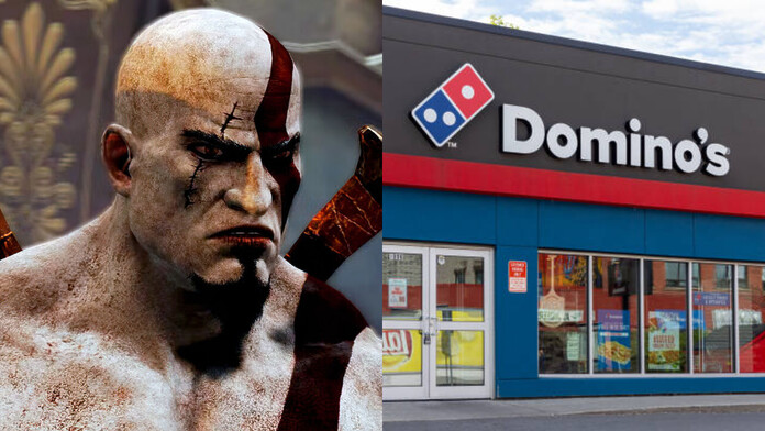 Kratos de God of War junto a una Pizzeria Domino's
