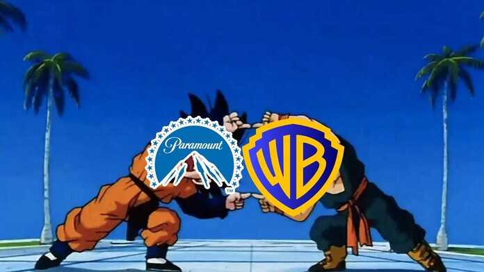 Logotipos de Paramount, Warner Bros. Discovery con goten y trunks de Dragon Ball Z haciendo la fusión