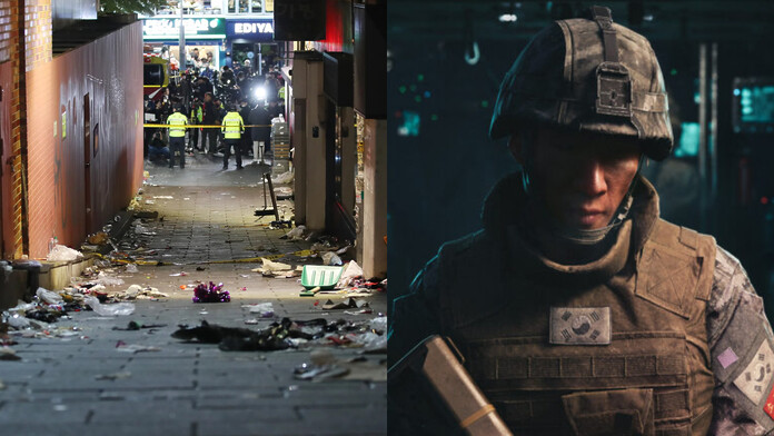 Escena de la cinemática de apertura de Call of Duty: Modern Warfare 4 junto a la petición de las familias de las víctimas de Itaewon