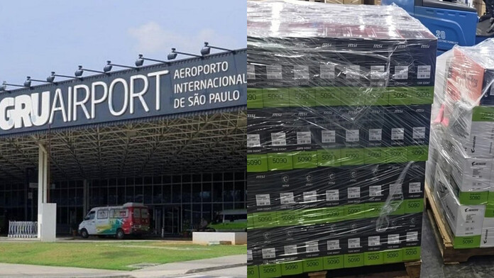 Palés de tarjetas gráficas RTX 5090 de Zotac junto al anuncio de su desaparición en el aeropuerto de Guarulhos, Brasil