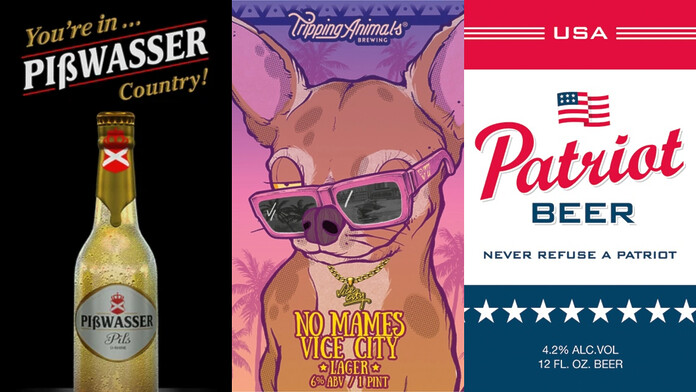 Latas de las cervezas Patriot Beer, Pißwasser y No Mames Vice City del universo de GTA 6