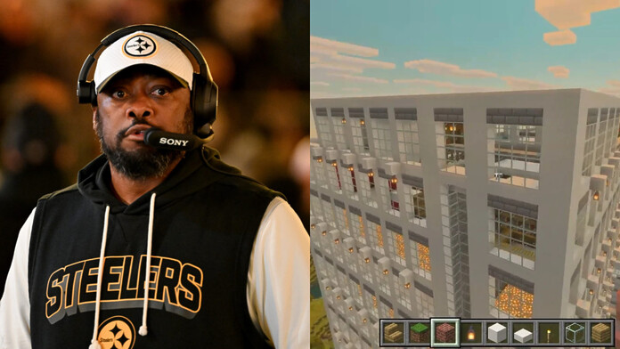Mike Tomlin de los Pittsburgh Steelers junto a su ciudad de Minecraft