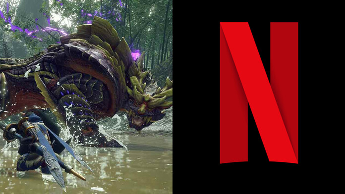 Cazador de Monster Hunter Rise en un dispositivo móvil junto al logotipo de Netflix