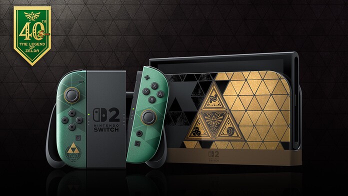 Consola Nintendo Switch 2 temática de Zelda junto al mando Pro Controller y la funda del 40º aniversario