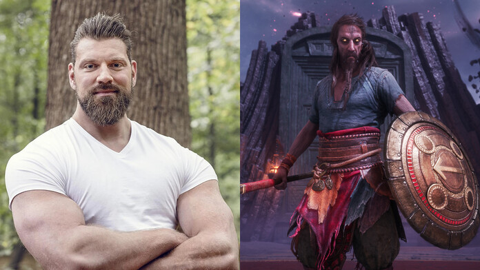 Olivier Richters junto a una representación de Týr de God of War, en el contexto de su interés por el personaje