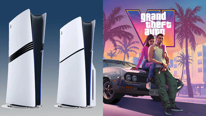 Consola PlayStation 5 junto al aviso de la actualización de firmware 14.20 y el logotipo de GTA 6
