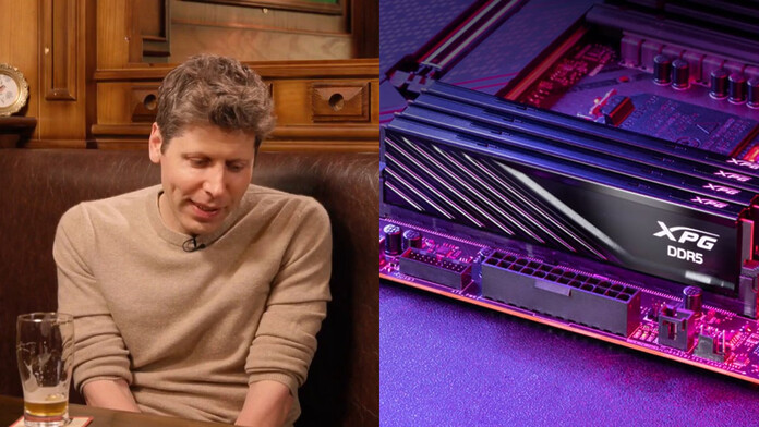 Sam Altman junto a módulos de memoria RAM y la representación de un centro de datos