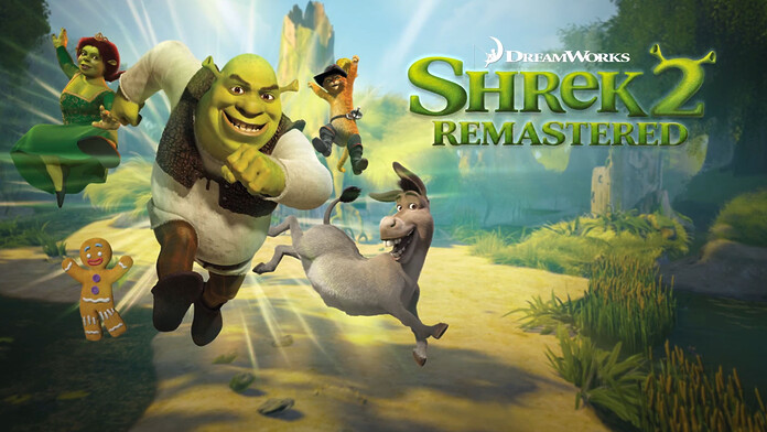 Shrek y sus compañeros en una escena de Shrek 2 junto al anuncio de su remasterización filtrada
