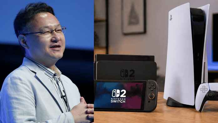 Shuhei Yoshida junto a las consolas PlayStation 5 y Nintendo Switch 2 en el contexto de sus declaraciones sobre prolongar la generación
