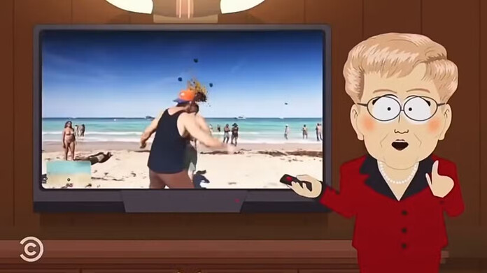 Personajes de South Park alrededor de una mesa viendo GTA VI