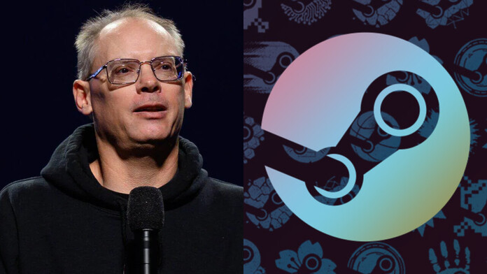 Tim Sweeney junto a los logotipos de Epic Games y Steam, en la noticia sobre su crítica a la normativa de IA