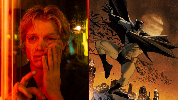 Tom Rhys Harries caracterizado como Clayface junto a una representación de Batman